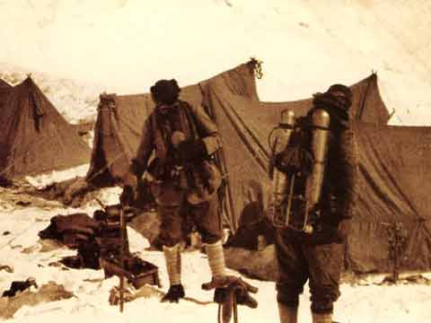 
The last photo of George Mallory and Sandy Irvine, as they prepare to leave the North Col on June 6, 1924 for Everest summit attempt 
